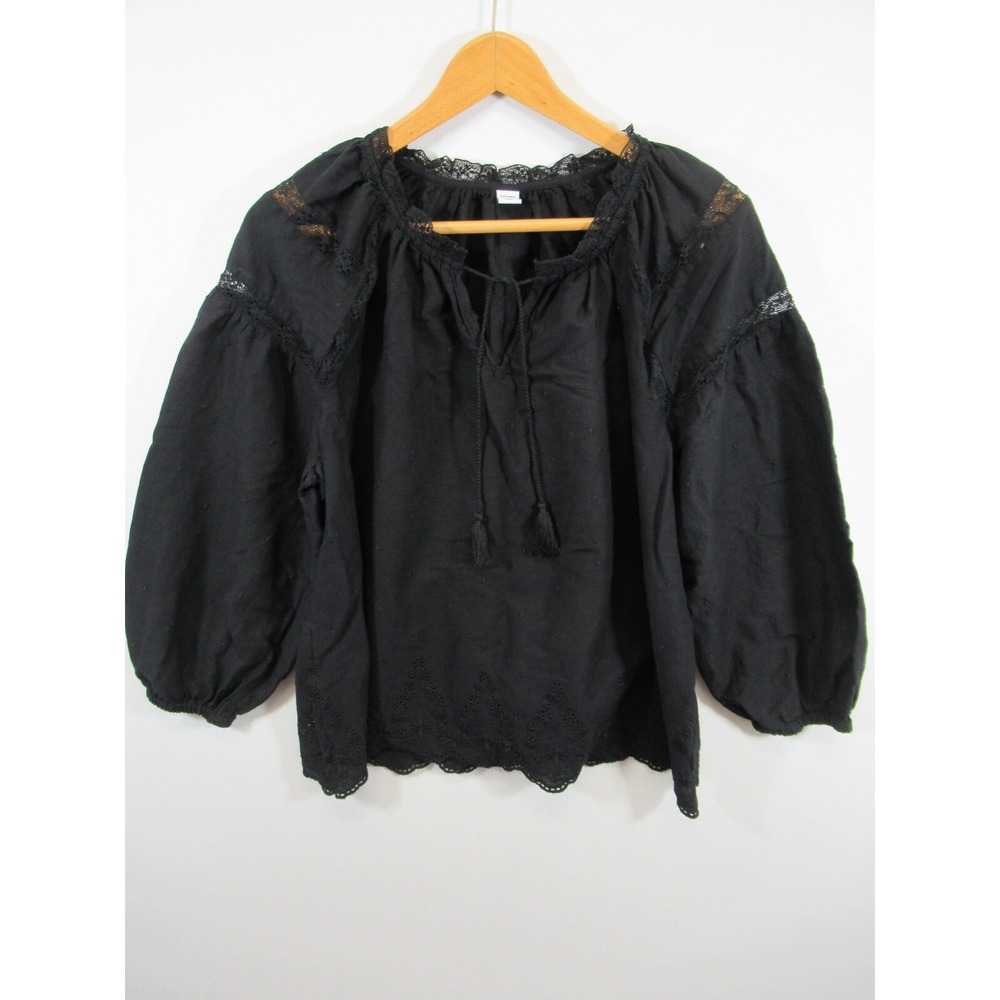 Old Navy Embroidered Swiss Dot Peasant Blouse Women L Black Lace Tassel Boho